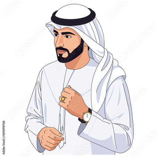 Portrait of a proud Emirati man in traditional kandura, vector illustration of Middle Eastern culture