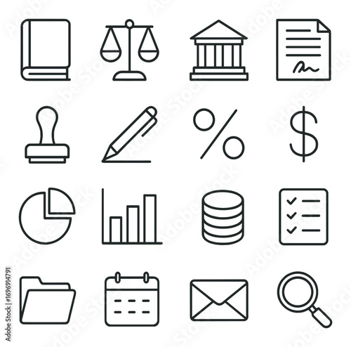 Business finance linear icon set. featuring book, scale, courthouse, document, stamp, pencil, and chart symbols
