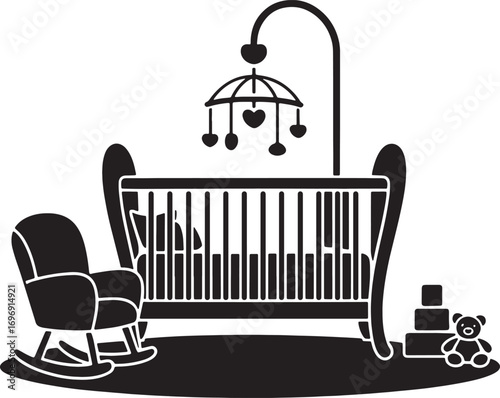 Nursery scene with crib rocking chair teddy bear and stacking blocks vector