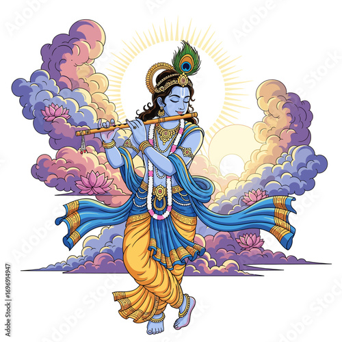 Epic cinematic fantasy style illustration of Lord Krishna playing the flute, a divine figure of Hindu mythology