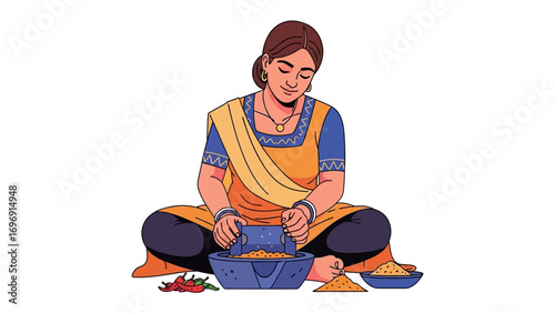 Woman preparing food: A woman in traditional attire is meticulously preparing spices and ingredients, showcasing the art of homemade culinary practices and a sense of cultural heritage.