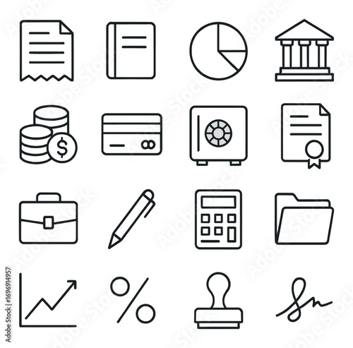 Finance linear icon set. featuring invoice, book, pie chart, bank, coins, credit card, safe, and certificate