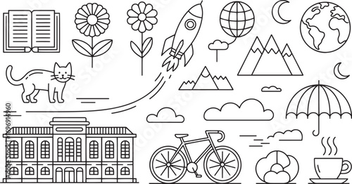 Open book flowers rocket globe mountains moon earth cat building bicycle umbrella clouds coffee cup vector