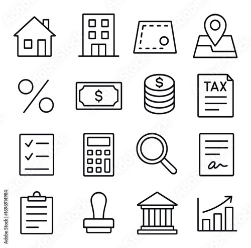 Finance linear icon set. featuring house, building, map, location, percentage, money, coins, tax, checklist, calculator.