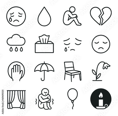 Mental health linear icon set. featuring crying, sadness, support, broken heart, anxiety, and therapy symbols