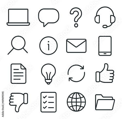 Office communication linear icon set. featuring laptop, speech bubble, question mark, headset, magnifying glass, info