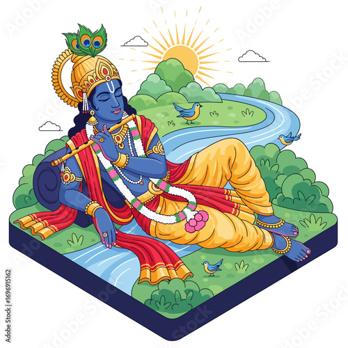 Happy Janmashtami Poster, Lord Krishna Playing Flute, Hindu God Lying by River