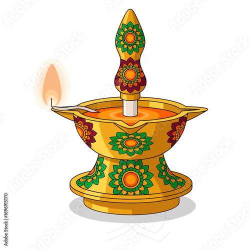 Happy Onam Kerala Festival - A Traditional Vector Illustration of a Brass Oil Lamp, a Symbol of the Festival of Lights, Representing Indian Culture and Religious Celebrations