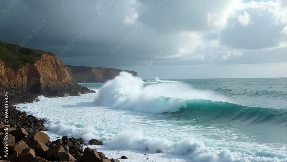Fototapeta premium Dramatic coastal scene with powerful waves crashing against a rocky shore.