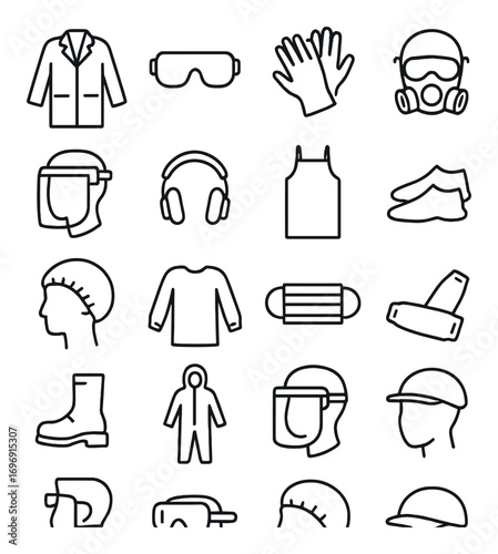 Safety equipment linear icon set. featuring gloves, goggles, respirator, helmet, boots, and suit symbols