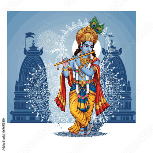 Indian Dahi Handi Festival of Happy Shree Krishna Janmashtami Greetings - A Vector Illustration of Lord Krishna Playing the Flute, Surrounded by Temples and Religious Motifs for a Hindu Festival