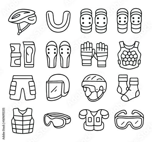 Cycling equipment linear icons set. helmet, knee pads, gloves, vest, shorts, goggles, elbow pads, socks