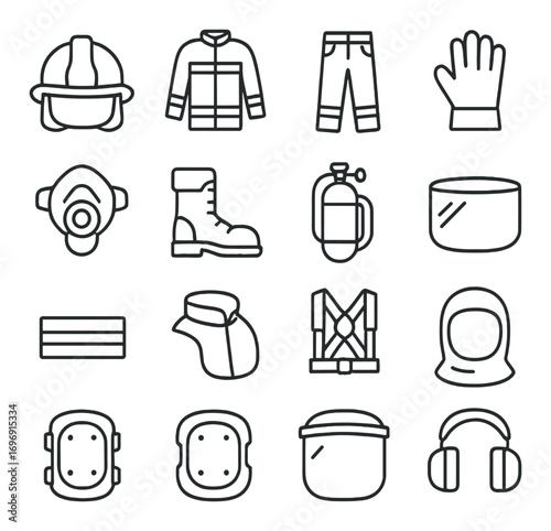 Firefighter equipment linear icon set. featuring helmet, jacket, pants, gloves, mask, boots, extinguisher, and hose symbols