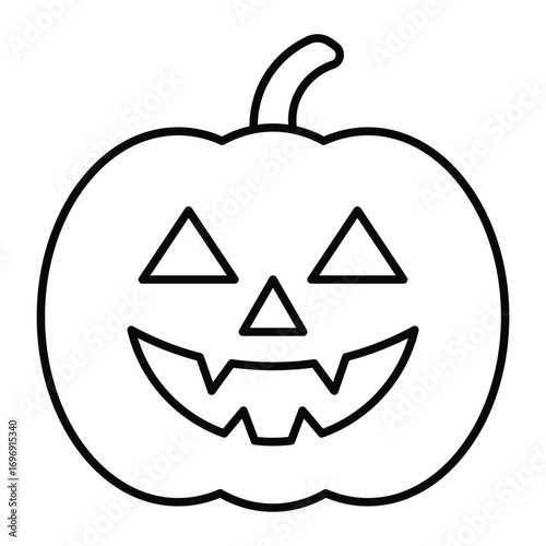 Jack-o'-lantern pumpkin vector icon. Black outline Halloween face with triangle eyes and toothy smile. Holiday decoration design.