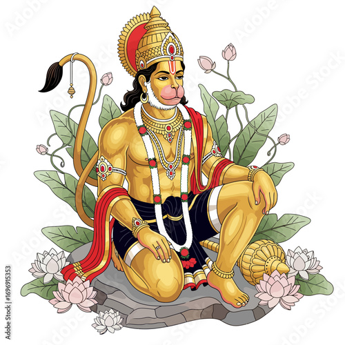 Lord Hanuman Vector Illustration - A Hindu God Representing Strength and Devotion, Surrounded by Lotus Flowers and Leaves, Ideal for Religious and Cultural Designs