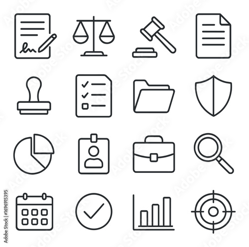 Office and legal linear icon set. featuring document, gavel, scale, folder, shield, pie chart, id, and calendar symbols