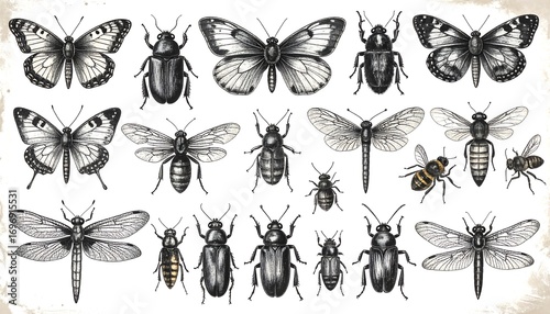 Detailed insect study, engraved entomological collection, vintage style drawing