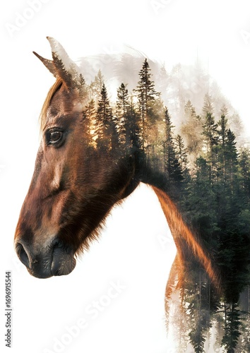 Wallpaper Mural Double exposure portrait combining brown horse head with misty pine forest landscape at sunset, creating artistic nature blend effect on white background. Torontodigital.ca