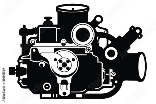 Detailed Black and White Silhouette Depicting a Complex Internal Combustion Engine Carburetor System