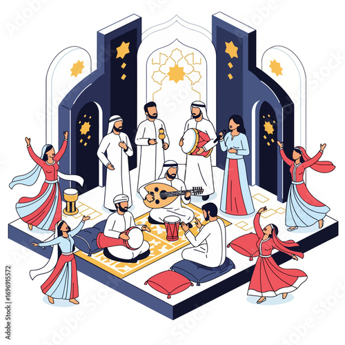  Traditional Music Performance UAE - A Celebration of Arabic Culture with a Band Playing Musical Instruments and Dancers Performing Folk Dances