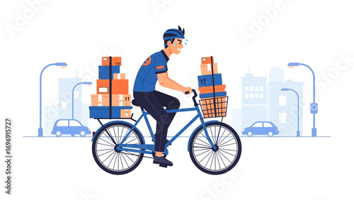 Urban Courier on Delivery: A diligent courier cycles through a cityscape, his bicycle piled high with packages. He navigates city streets with a determination and a dedication to timely deliveries.