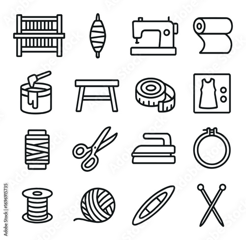 Crafting and sewing linear icon set. featuring sewing machine, yarn, fabric, spool, and scissors symbols