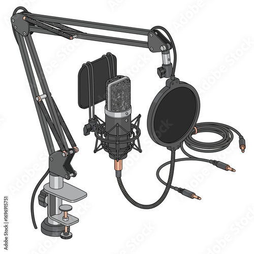 Podcast Mic with Shock Mount and Pop Filter - Vector Graphic for Professional Audio Recording