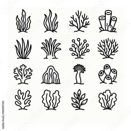 Aquatic plants linear icons set. featuring seaweed, coral, kelp, seagrass, and algae designs