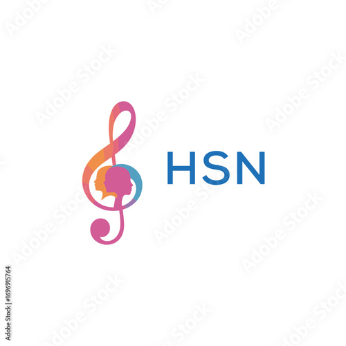 HSN “Colorful music logo with human faces and treble clef design” HSN Later Logo, “Creative music academy logo with silhouette heads and notes” 
