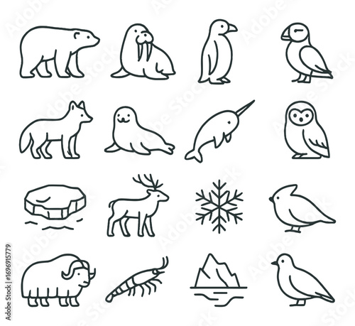 Arctic animals linear icon set. featuring bear, walrus, penguin, puffin, fox, seal, narwhal, owl symbols
