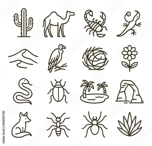 Desert wildlife linear icon set. featuring cactus, camel, scorpion, lizard, and snake symbols