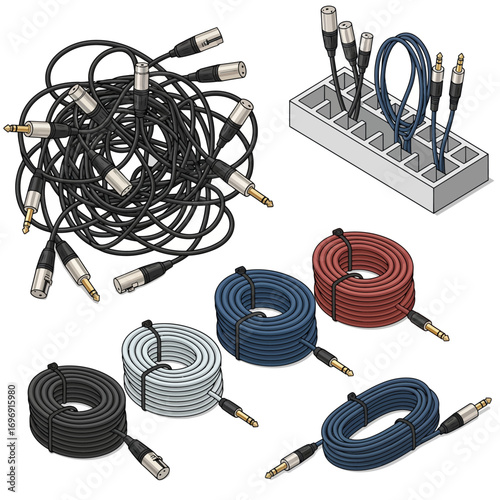 Detailed isometric vector set of microphone cables, showing neat organization and tangled messes in Studio mic cable tangles vector