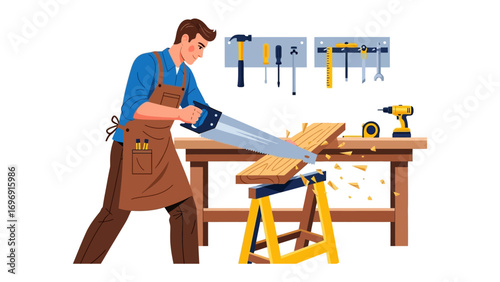 Craftsman at Work: A skilled craftsman meticulously cuts through wood with a hand saw in a well-lit workshop, surrounded by tools and the essence of traditional craftsmanship.