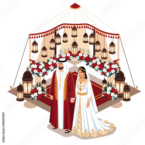 Illustration of a traditional UAE wedding ceremony with a couple in a decorative tent, created in Vector Design ddss.ai