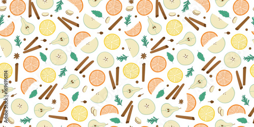 Set ingredients for making mulled wine. Seamless pattern, spices and fruits. Culinary recipe for hot warming drink with fruits, spices, wine.