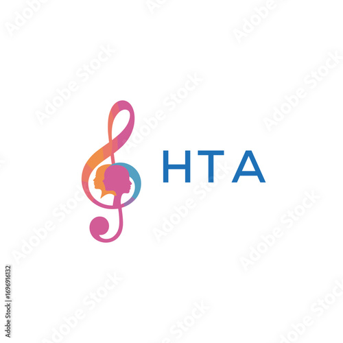 HTA “Colorful music logo with human faces and treble clef design” HTA Later Logo, “Creative music academy logo with silhouette heads and notes” 
