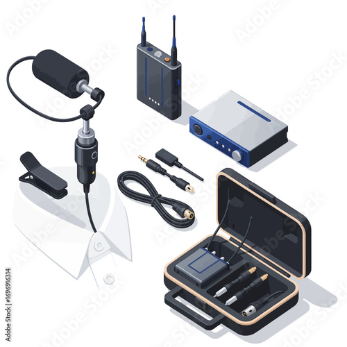 Professional audio equipment with a wireless lapel mic vector in an isometric view, illustration for podcasting, broadcasting, and sound recording