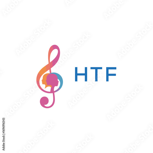 HTF “Colorful music logo with human faces and treble clef design” HTF Later Logo, “Creative music academy logo with silhouette heads and notes” 
