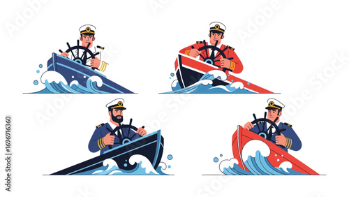 Navigational Precision: A quartet of seafarers expertly steers their vessels, navigating the turbulent seas, embodying skill and maritime mastery in a stylish, illustration setting.