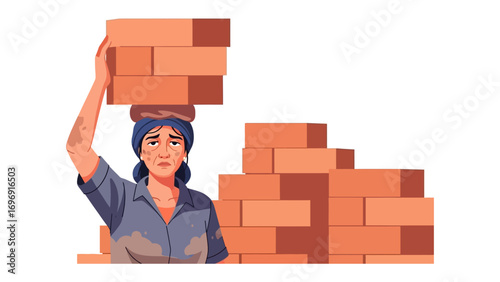 Woman Carrying Bricks: A determined woman balances a load of bricks atop her head, working at a construction site, she showcases strength and resilience.