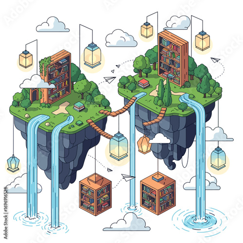  Fantasy isometric library on floating islands with waterfalls, paper planes, and hanging lamps, whimsical vector illustration