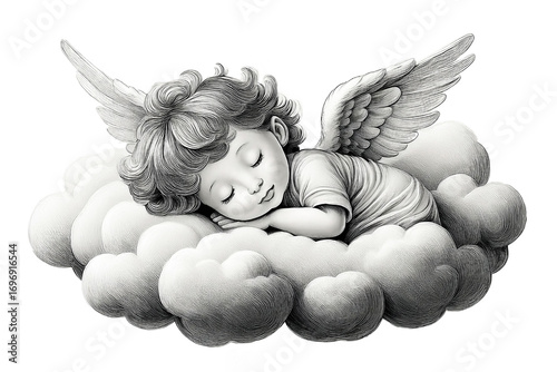 Angel sleeping on the cloud isolated on white background