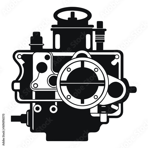 Illustration of an Intricate Black and White Car Carburetor Mechanism Diagram