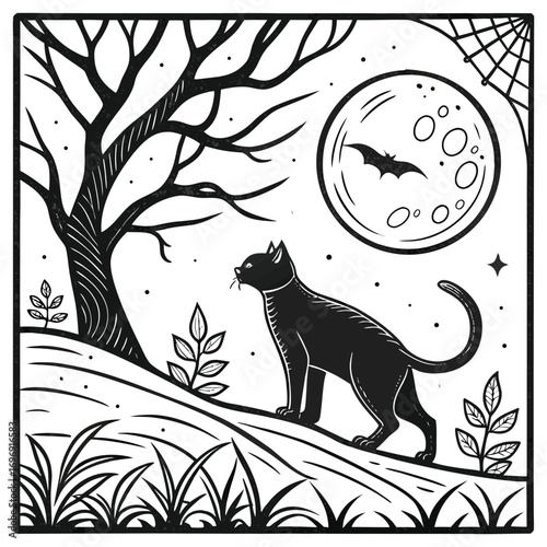 Black cat under full moon spooky halloween night scene with bare tree and spiderweb