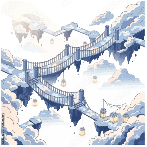 Heavenly landscape with floating islands and sky bridges in the clouds, a whimsical and ethereal illustration representing dreams, hope, and fantasy