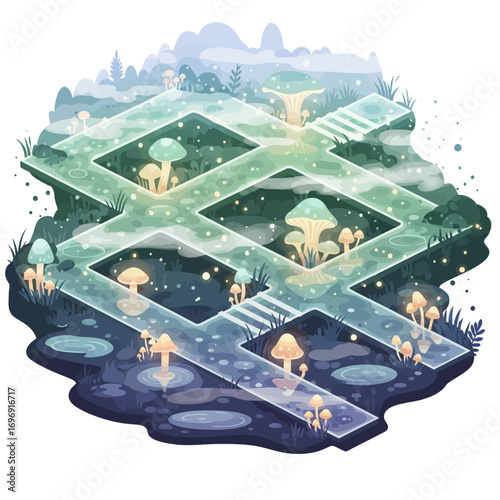 Abstract fantasy landscape with glowing mushrooms and a magical path, a whimsical and dreamlike vector illustration in a calm and moody color palette
