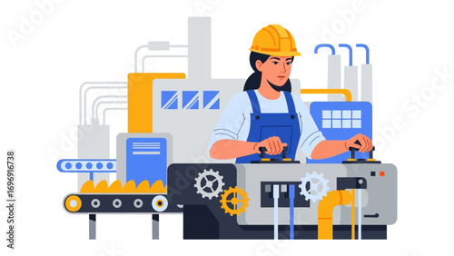 Factory Efficiency: A skilled operator expertly manages advanced machinery within a vibrant, dynamic factory setting, symbolizing industrial innovation and precision.