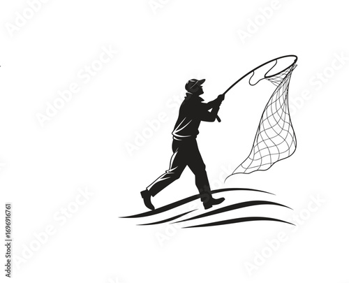 Black vector silhouette of a man fishing, an illustration of a winter sport skier, and a competition golfer