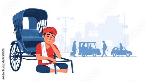 Lonely Rickshaw Puller's Lament: A downtrodden rickshaw puller, resting beside his vehicle, appears somber and pensive, with the city's silhouette suggesting isolation.