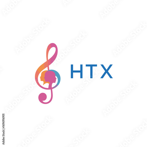 HTX “Colorful music logo with human faces and treble clef design” HTX Later Logo, “Creative music academy logo with silhouette heads and notes” 
